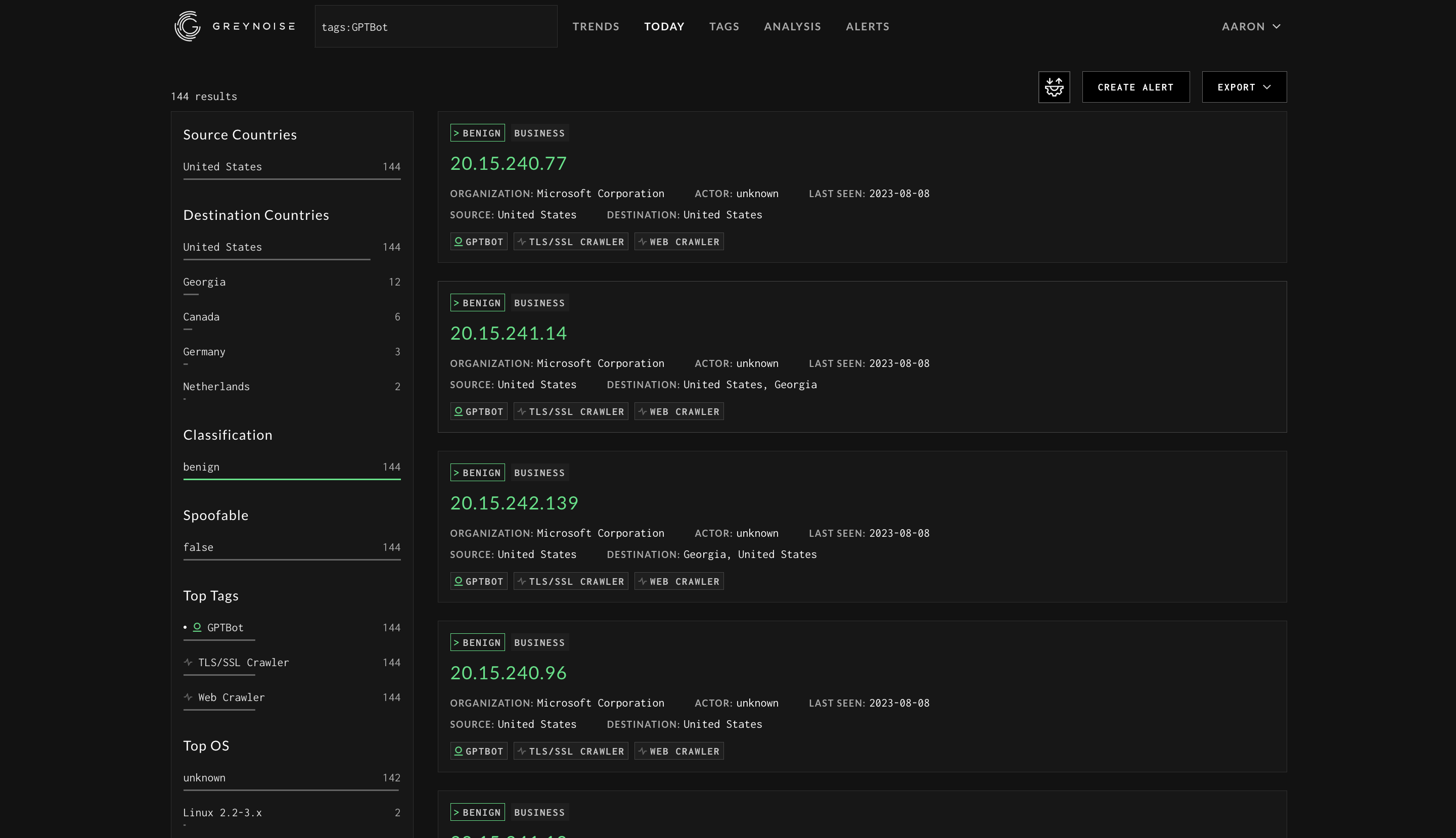 Screenshot of GreyNoise results when searching for traffic tagged as GPTBot Screenshot of GreyNoise results when searching for traffic tagged as GPTBot)